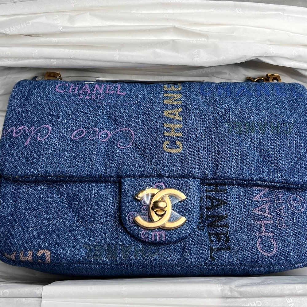 **NOT FOR SALE** Chanel 22P Blue Denim Mini Rectangular Crossbody Bag Gold